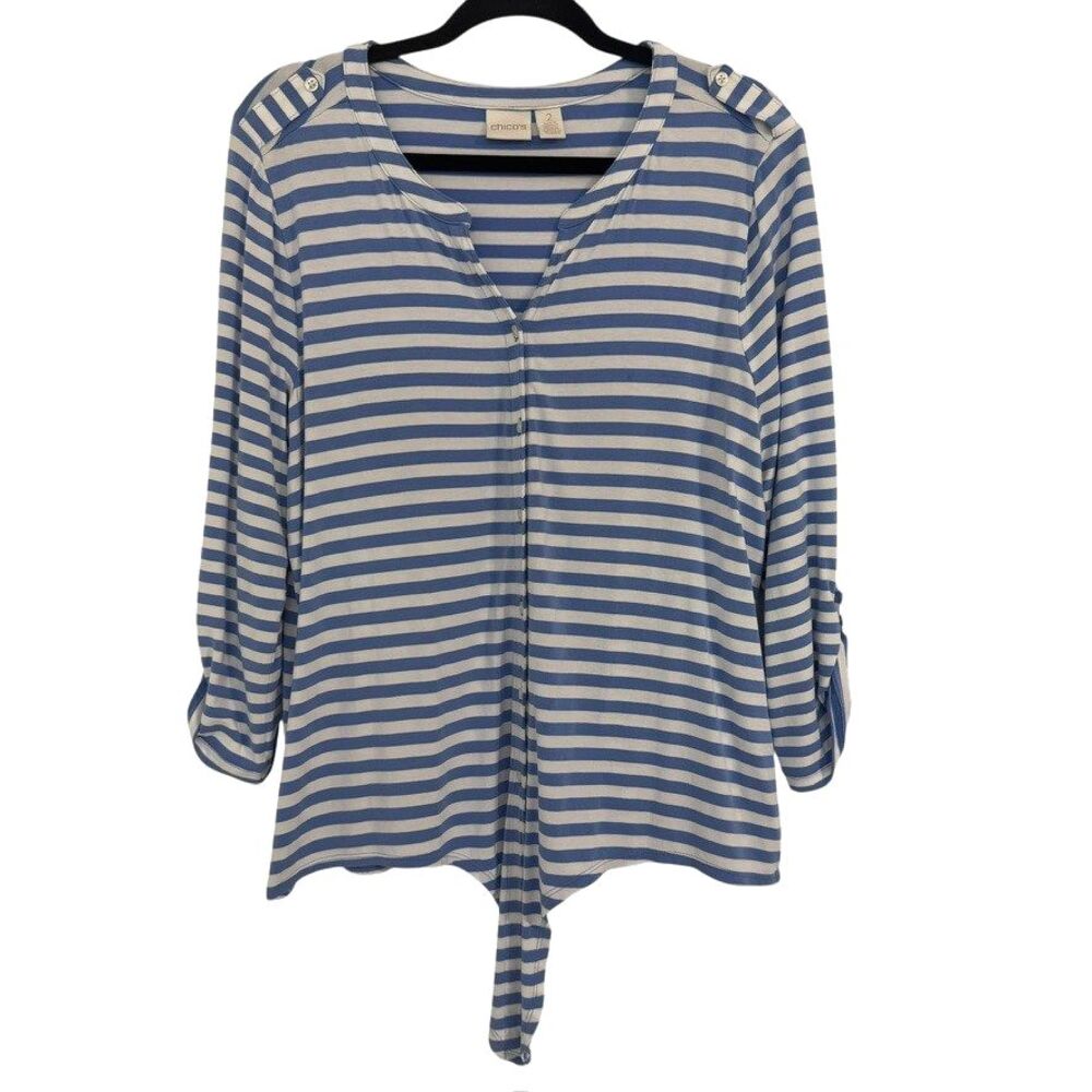 Chico’s 2 Women’s Size L Blue White Striped Top 3/4 Sleeve Button Tab Tie Front